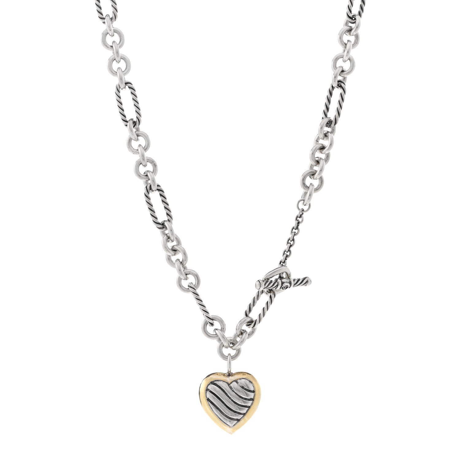 David Yurman Sterling Silver 18K Yellow Gold Cable Heart Figaro Necklace 1 of 6