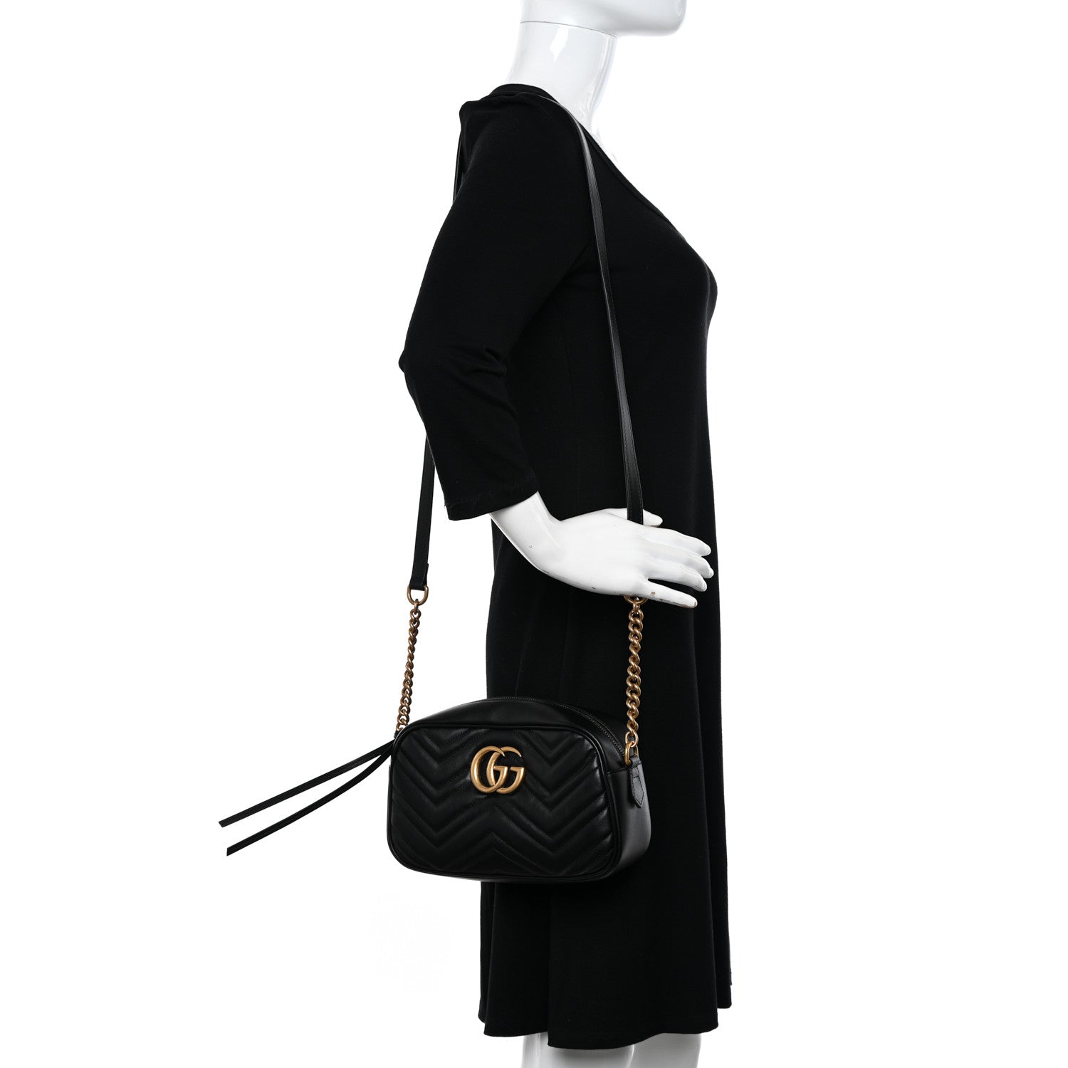 Gucci Calfskin Matelasse Small GG Marmont Chain Shoulder Bag Black 2 of 12