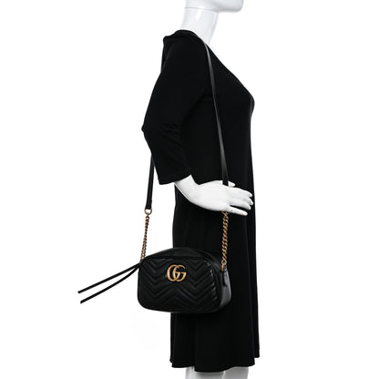 Gucci Calfskin Matelasse Small GG Marmont Chain Shoulder Bag Black 2 of 12