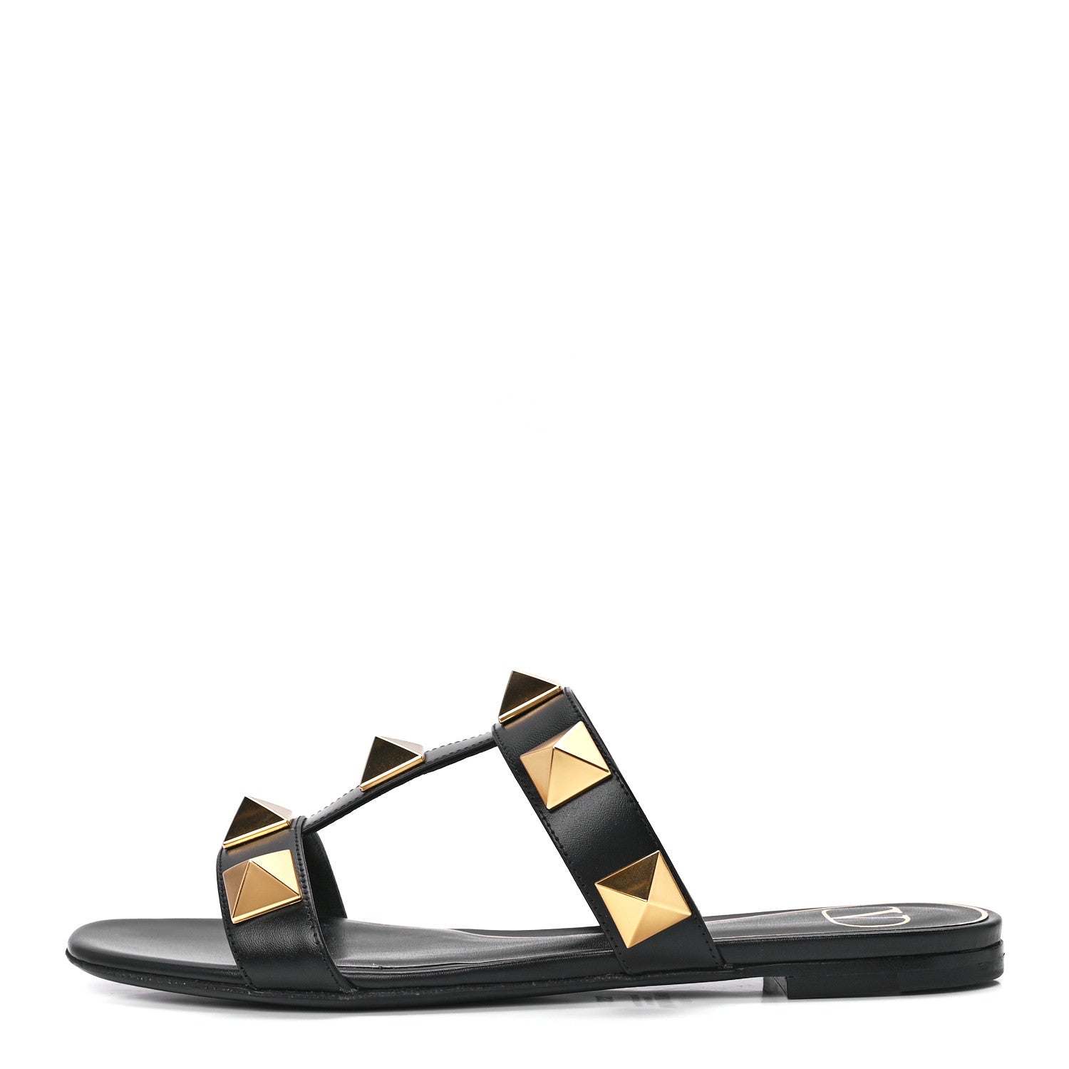 Valentino Garavani Calfskin Roman Stud Flat Slide Sandals 36.5 Black 1 of 9