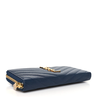 Saint Laurent Grain De Poudre Matelasse Chevron Monogram Zip Around Wallet Deep Marine 4 of 7