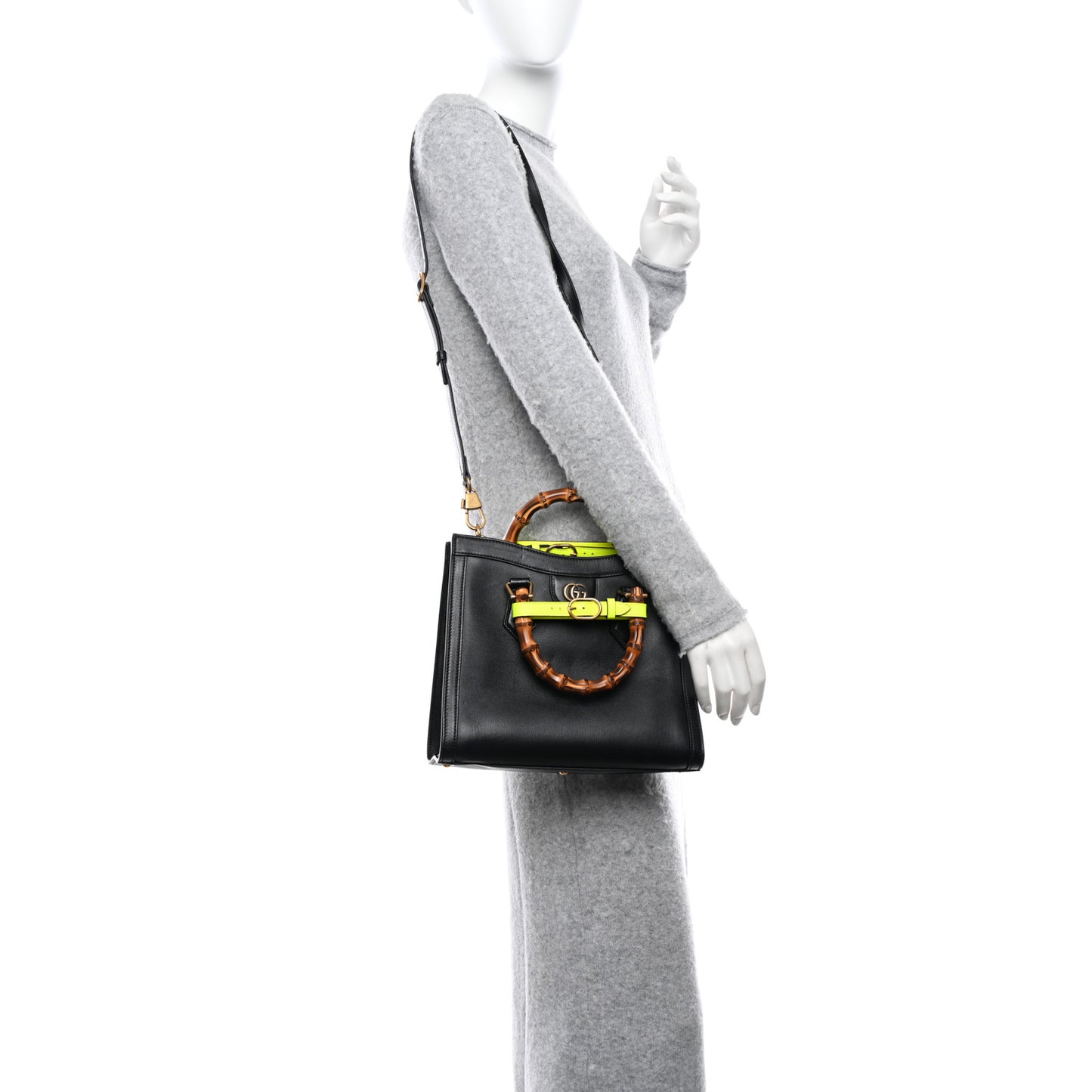 Calfskin Small Diana Tote Bag Black Yellow Fluo
