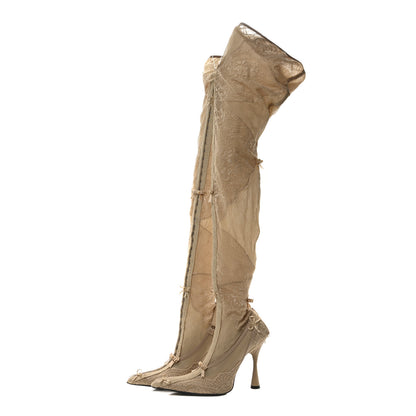 Balenciaga Lace Spandex Pointed Toe Knife Thigh High Boots 40 Beige 3 of 6