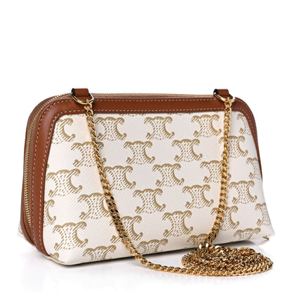 Celine Lambskin Triomphe Canvas Clutch With Chain White Tan 2 of 10