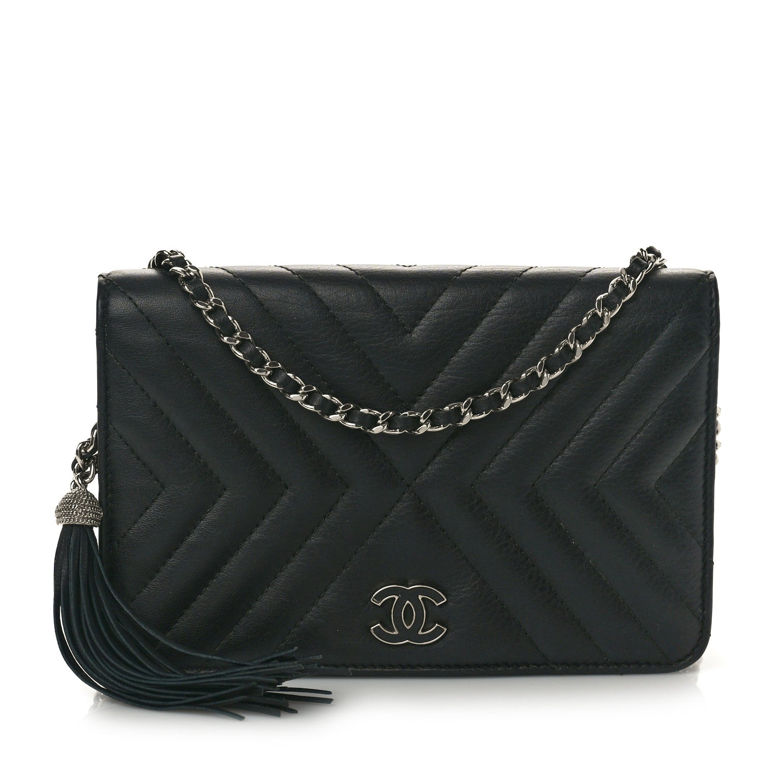 Chanel Calfskin Diagonal Chevron Quilted Tassel Wallet On Chain WOC Black 1 of 11