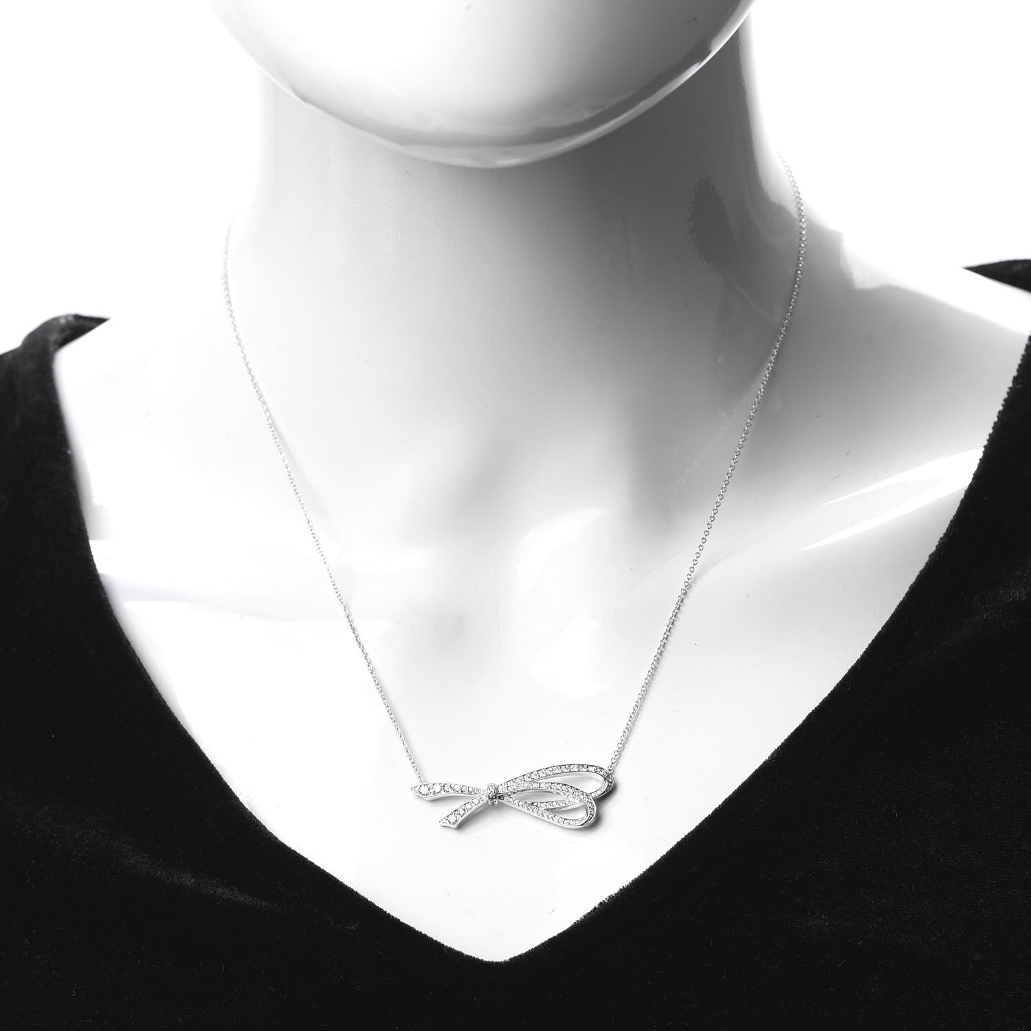 Tiffany 18K White Gold Diamond Bow Pave Pendant Necklace 2 of 6