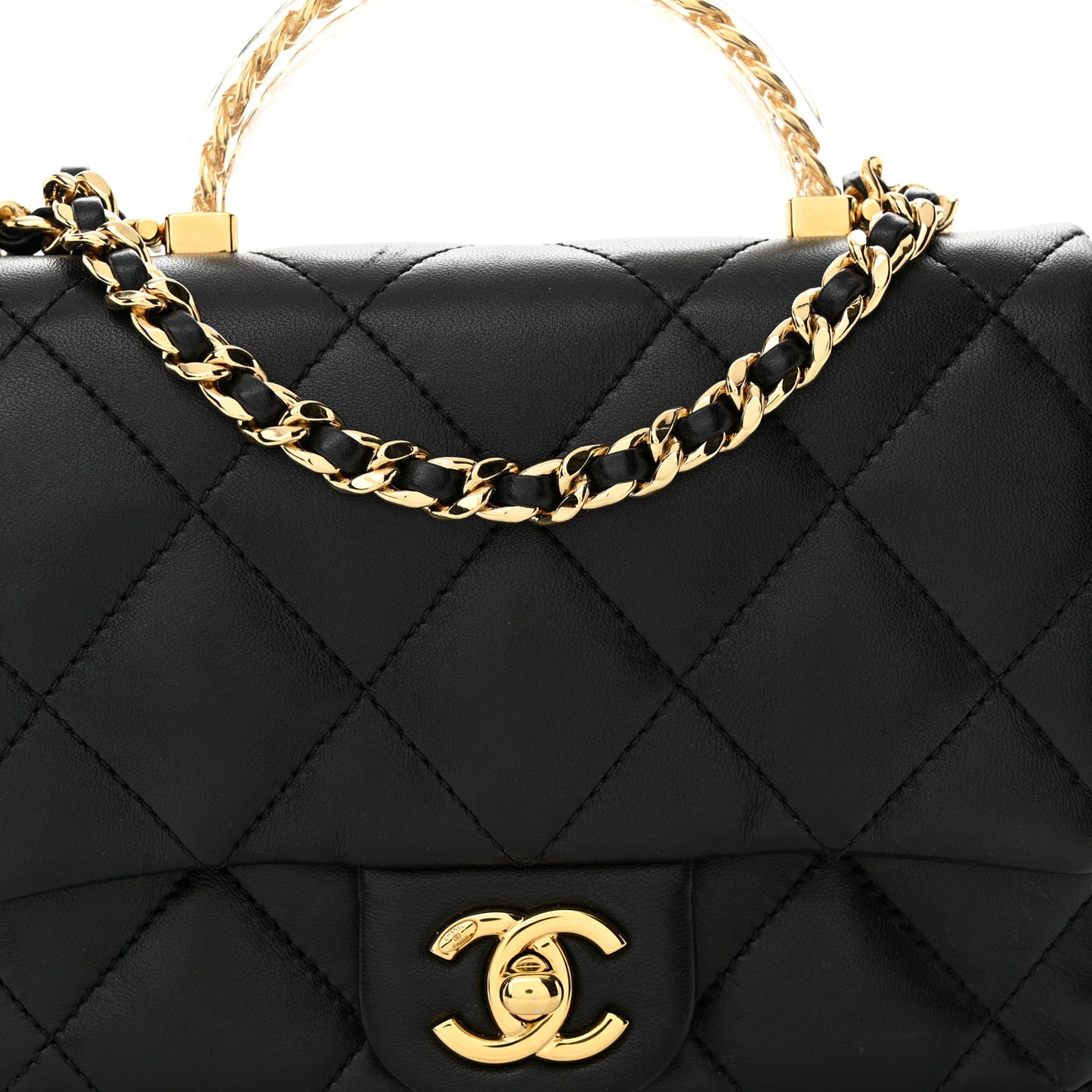 Lambskin Resin Quilted Top Handle Flap Black