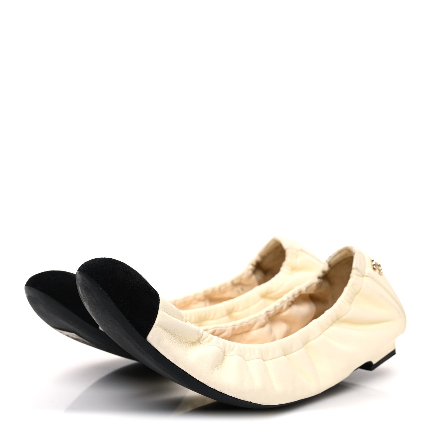 Chanel Lambskin Suede CC Elastic Cap Toe Ballerina Flats 39.5 Beige Black 4 of 12
