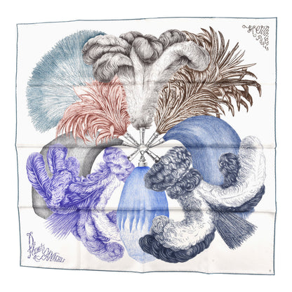 Hermes Silk Plumets Et Panaches Scarf 90 White Bleu Brun 1 of 6