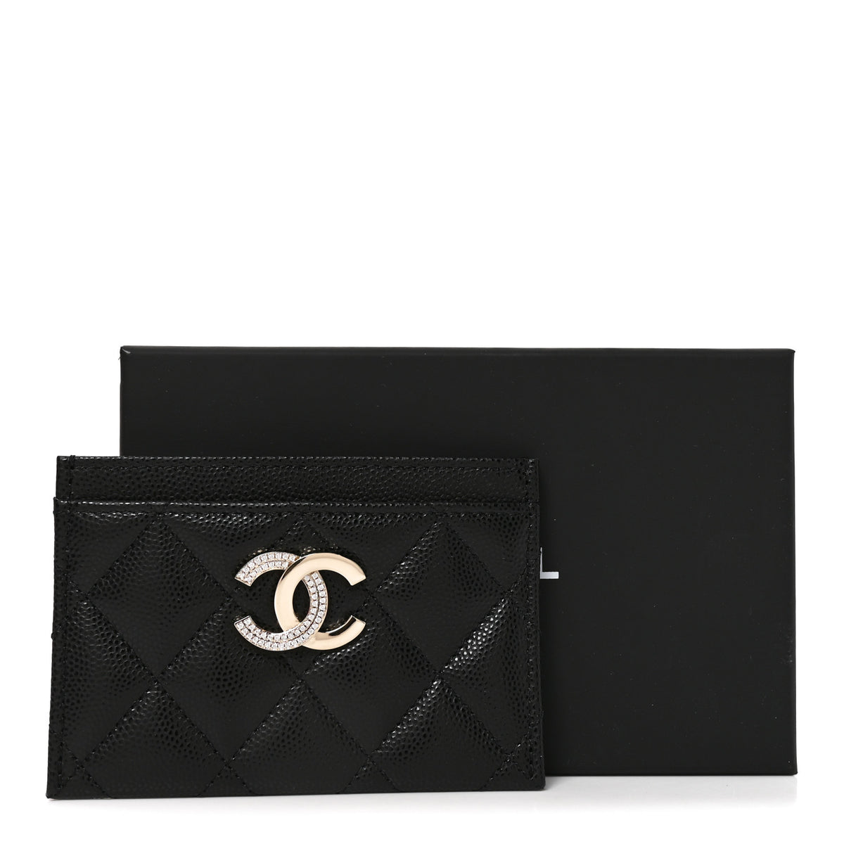 Caviar Quilted Crystal Card Holder Black