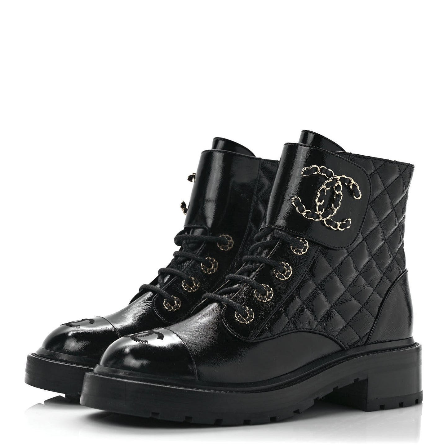 Shiny Calfskin Quilted Lace Up Combat Boots 37.5 Black