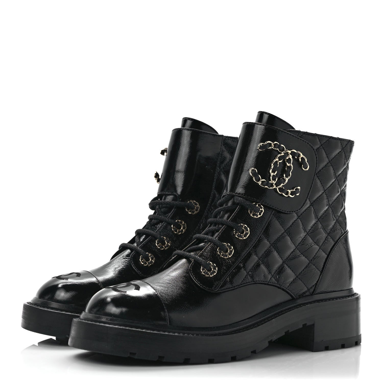 Chanel Shiny Calfskin Quilted Lace Up Combat Boots 37.5 Black 3 of 9