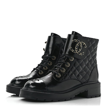 Chanel Shiny Calfskin Quilted Lace Up Combat Boots 37.5 Black 3 of 9