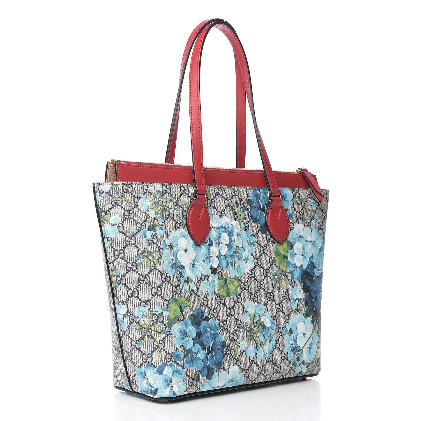 GG Supreme Monogram Blooms Medium Zippered Bucket Tote Beige Blue Navy Hibiscus Red