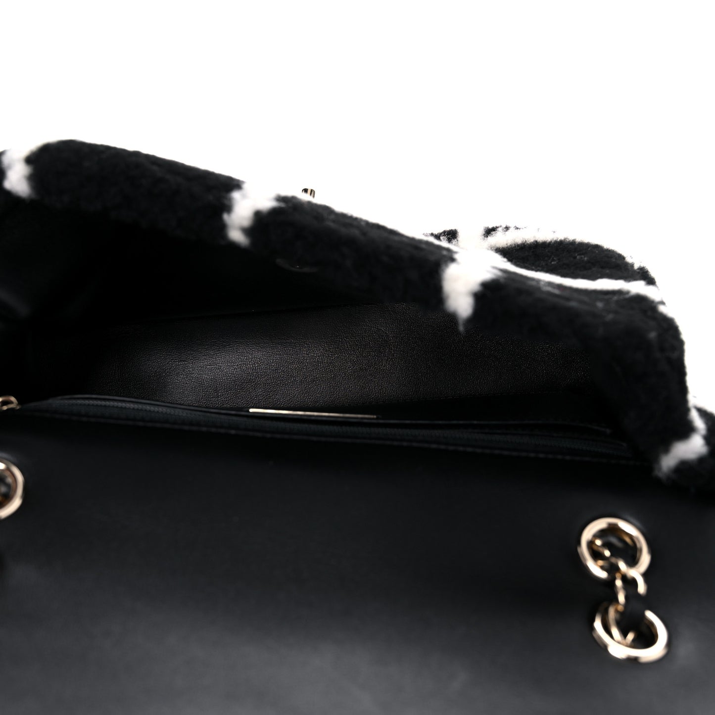 Shearling Lambskin Large Fluffy Tartan Single Flap Black White