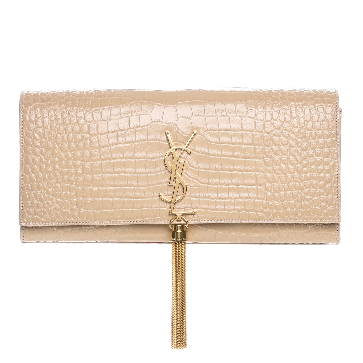 Calfskin Crocodile Embossed Classic Monogram Tassel Clutch Nude