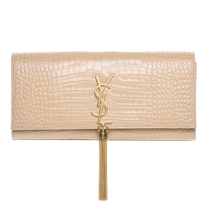 Saint Laurent Calfskin Crocodile Embossed Classic Monogram Tassel Clutch Nude 1 of 7