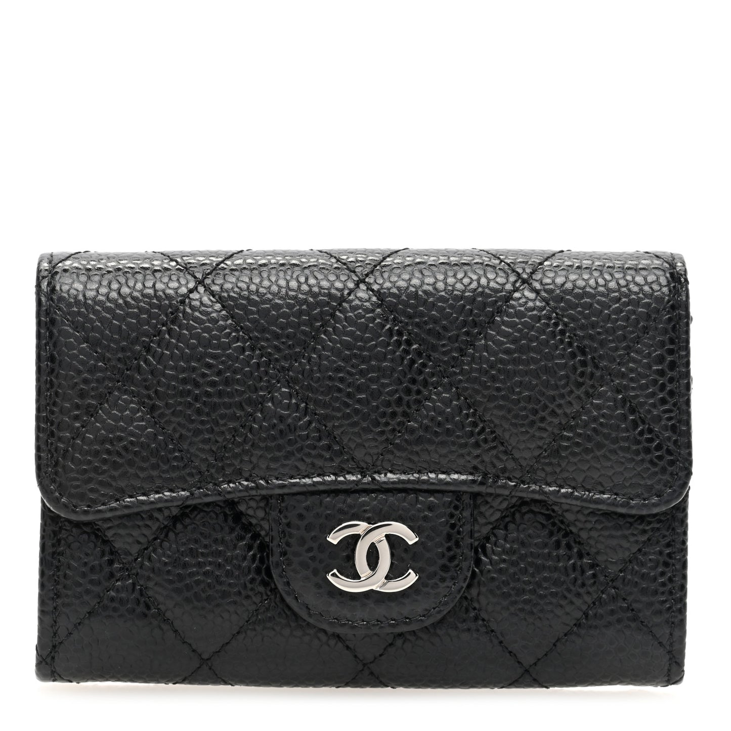 Caviar Quilted Flap Card Holder Wallet Black