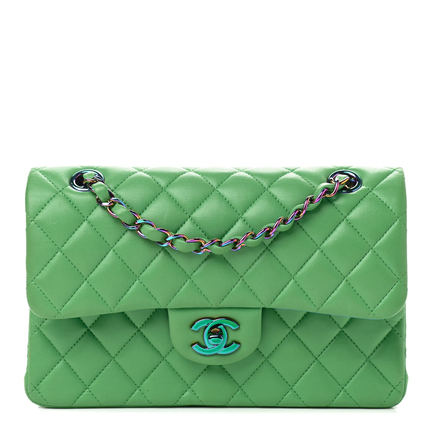 Lambskin Quilted Small Double Flap Green Blue