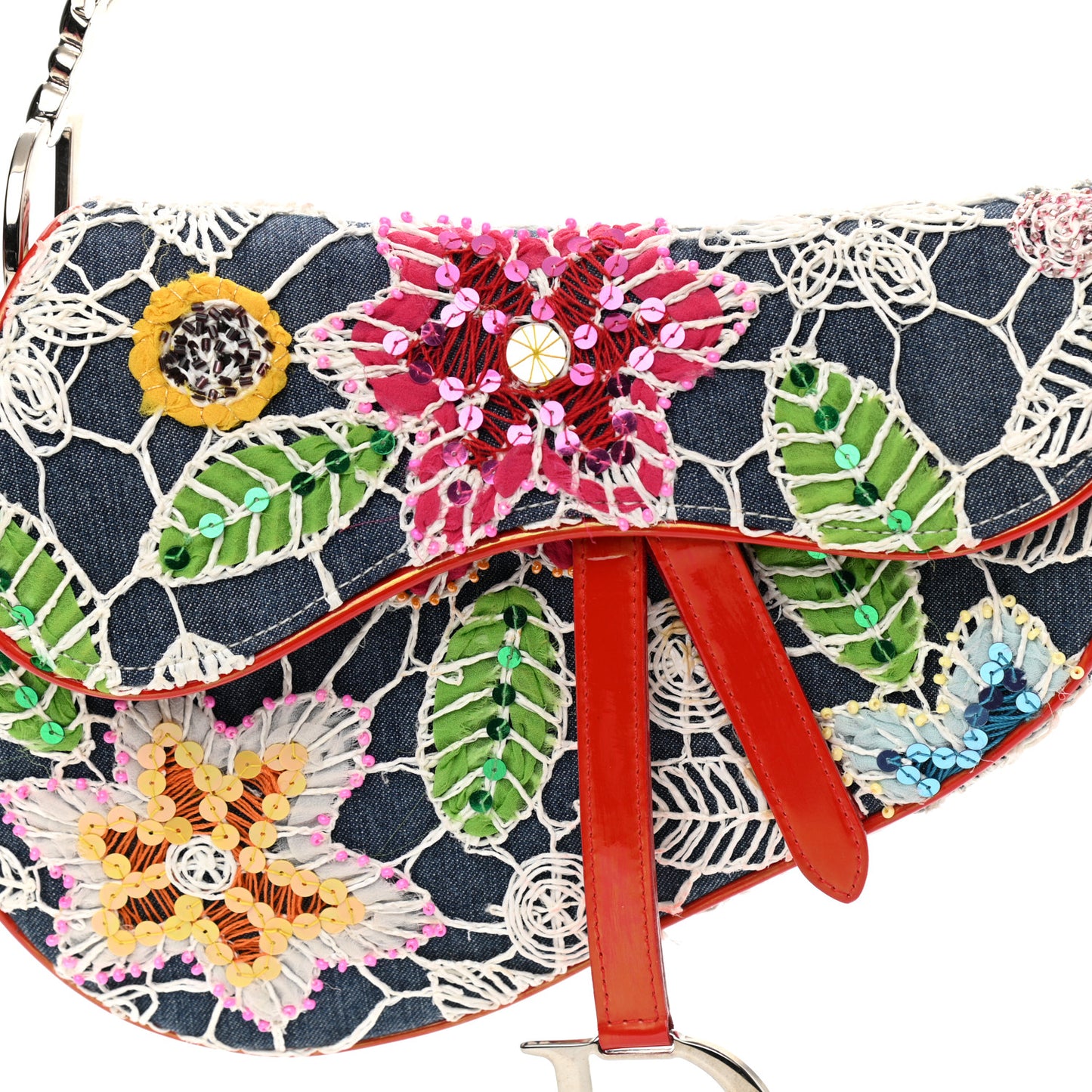 Denim Embroidered Sequin Saddle Bag Multicolor