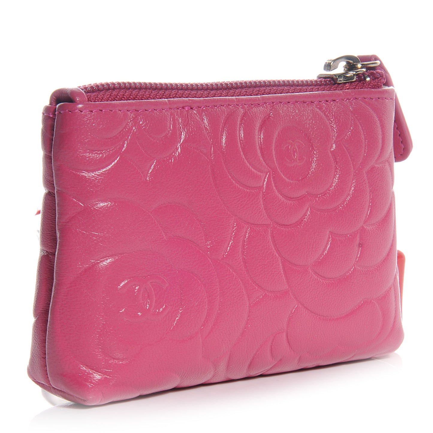 Lambskin Camellia Embossed Key Holder Case Fuchsia