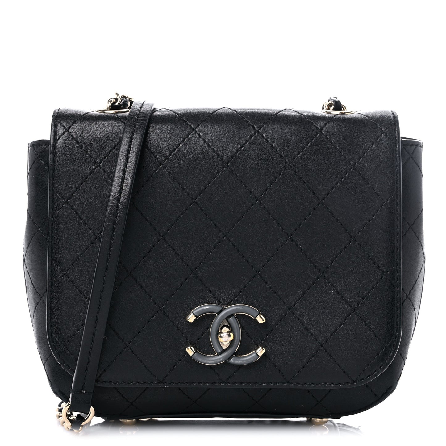 Calfskin Stitched Small Covered CC Flap Bag Black