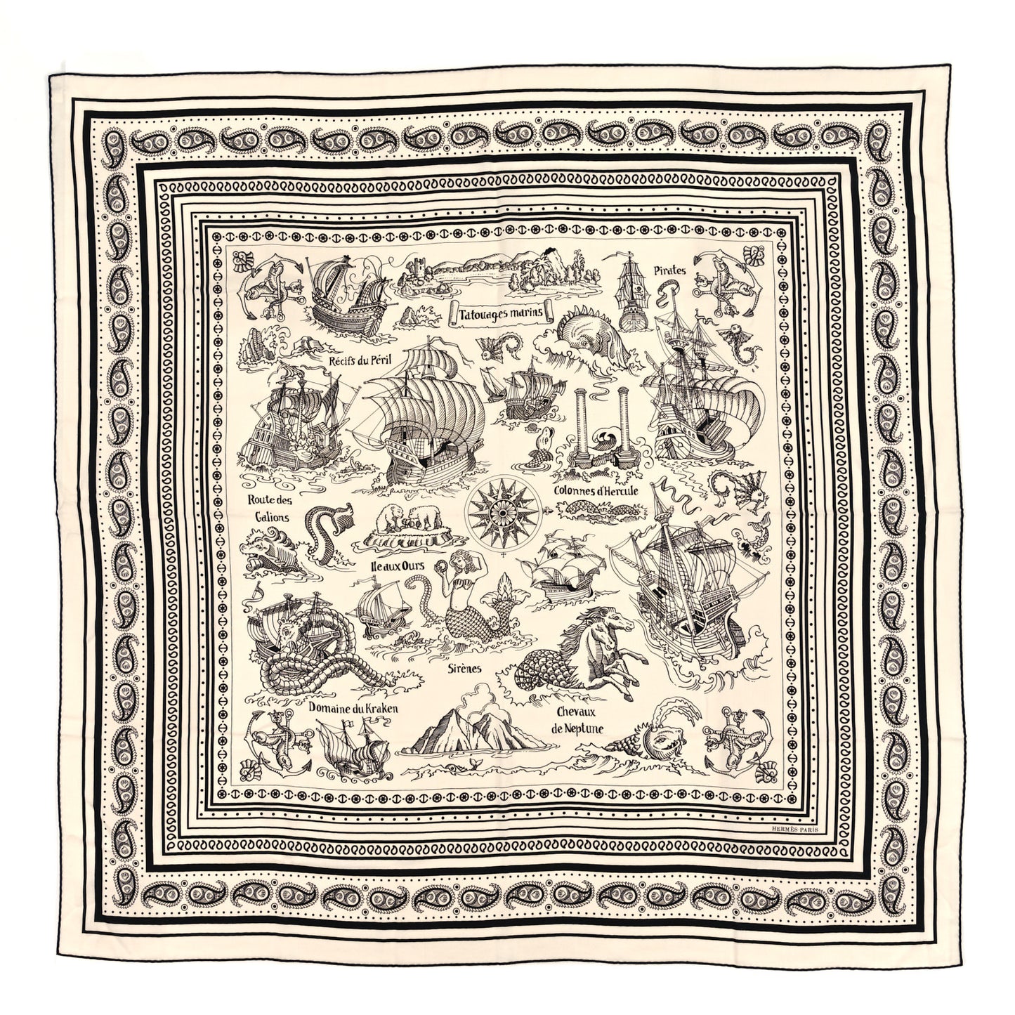 Cashmere Silk Tatouages Marins Bandana Shawl 140 White Black