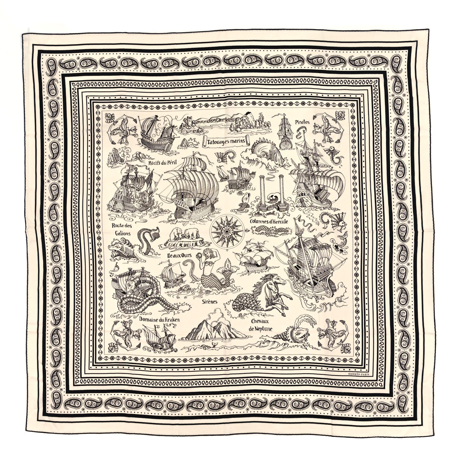 Hermes Cashmere Silk Tatouages Marins Bandana Shawl 140 White Black 1 of 3
