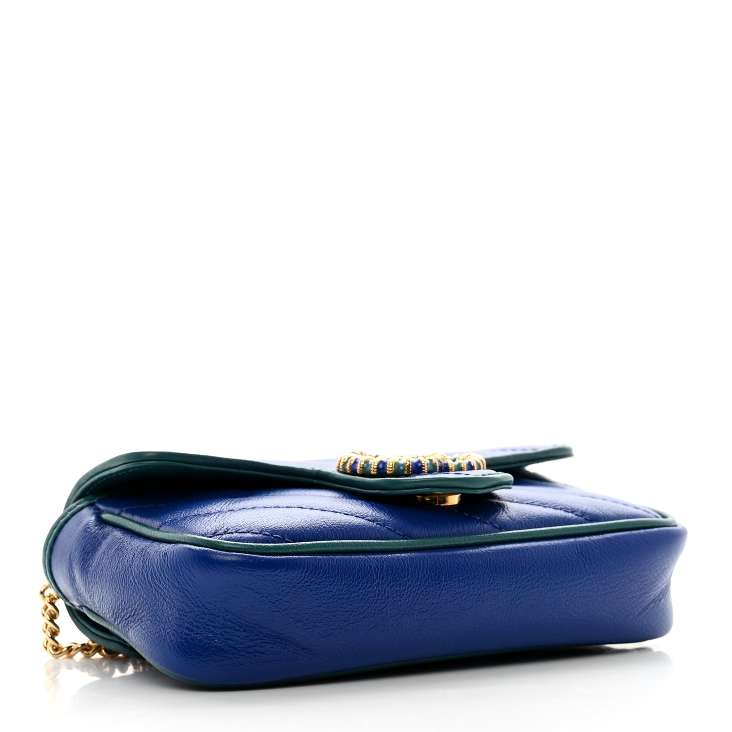 Azalea Calfskin Enamel Matelasse Diagonal Super Mini Torchon GG Marmont Shoulder Bag Imperial Blue Pavone