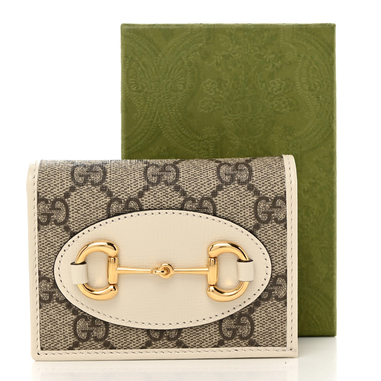 GG Supreme Monogram Azalea Calfskin Horsebit 1955 Card Case Wallet Beige Ebony Mystic White