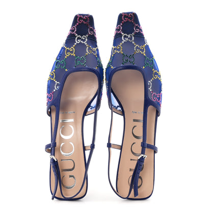 Gucci Tela Retino Nappa Charlotte Crystal GG Monogram Square G 35mm Slingback Pumps 38 Splash Net Blue Witch 2 of 9