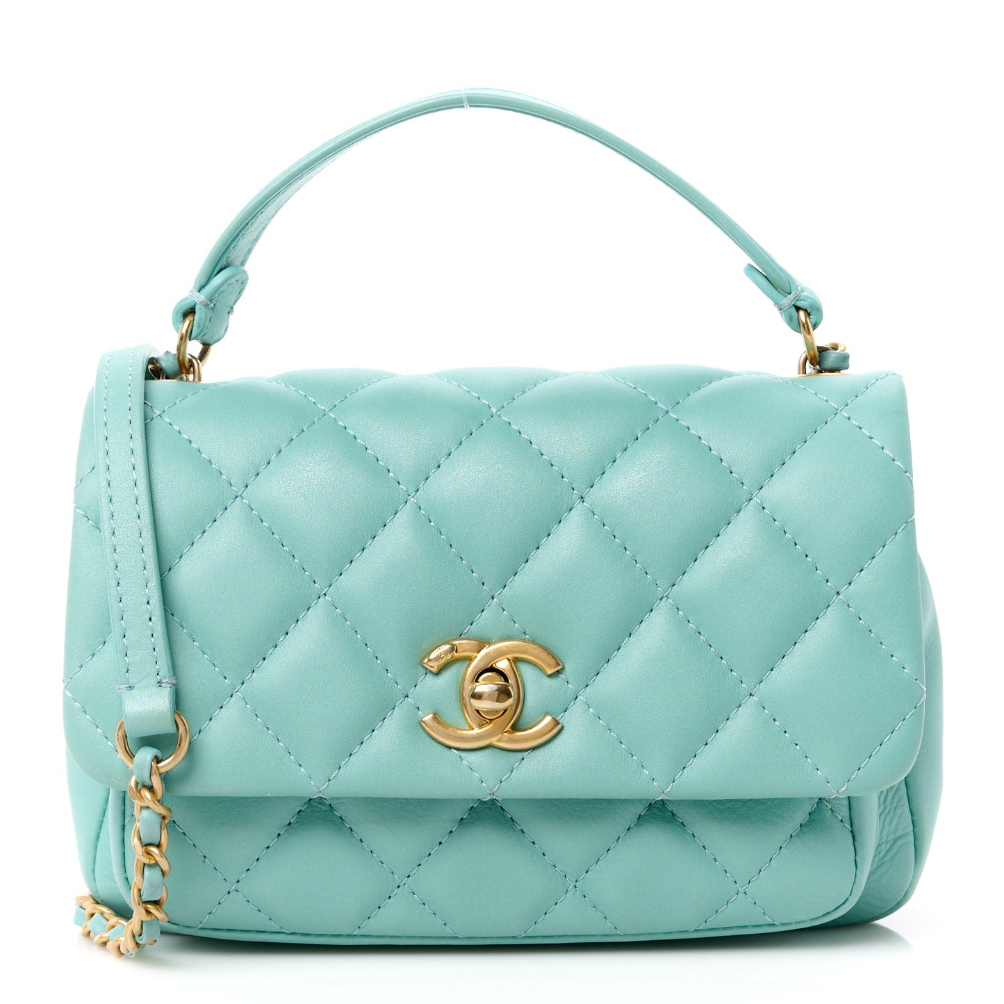 Calfskin Quilted Top Handle Flap Light Blue
