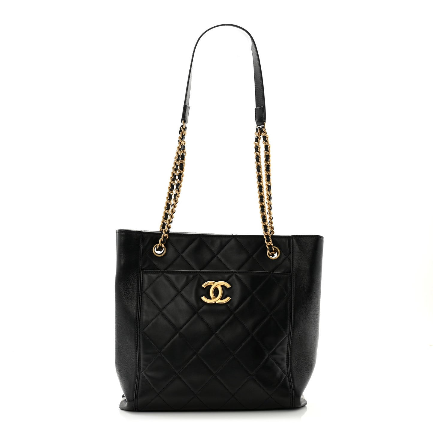 Calfskin Quilted CC Front Pocket Shopping Tote Black