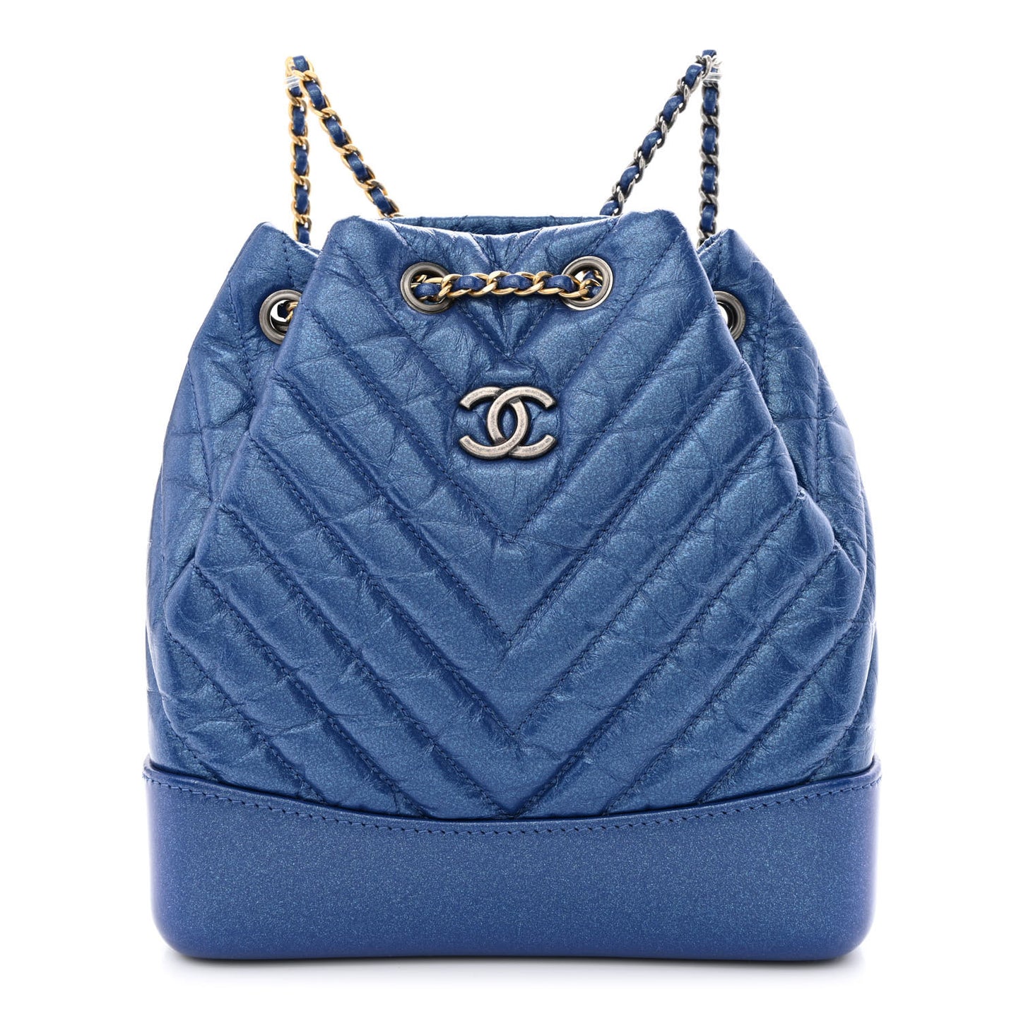 Iridescent Aged Calfskin Chevron Quilted Small Gabrielle Backpack Blue