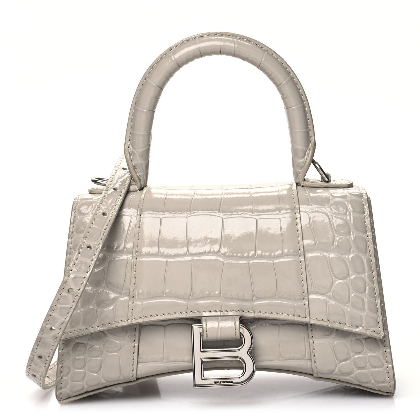 Shiny Calfskin Crocodile Embossed Hourglass Top Handle Bag XS Cold Beige