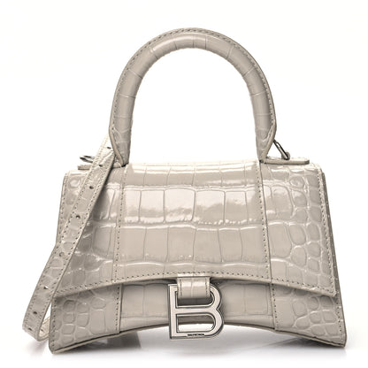 Balenciaga Shiny Calfskin Crocodile Embossed Hourglass Top Handle Bag XS Cold Beige 1 of 14