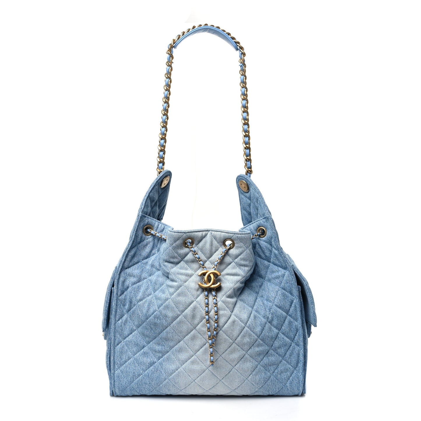 Washed Denim Quilted Medium Chanel 25 Handbag Blue