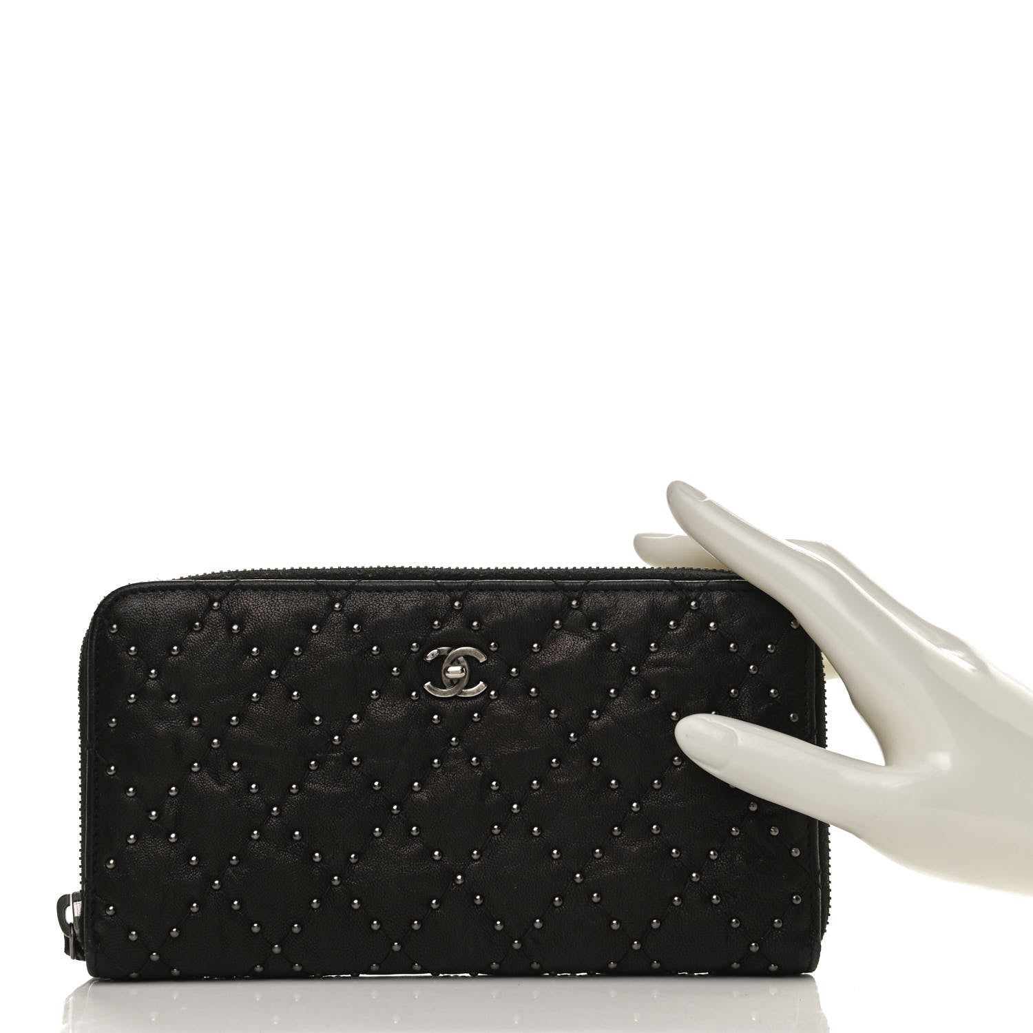 Chanel Crumpled Lambskin Studded Paris Dallas Zip Around Wallet Black 2 of 13