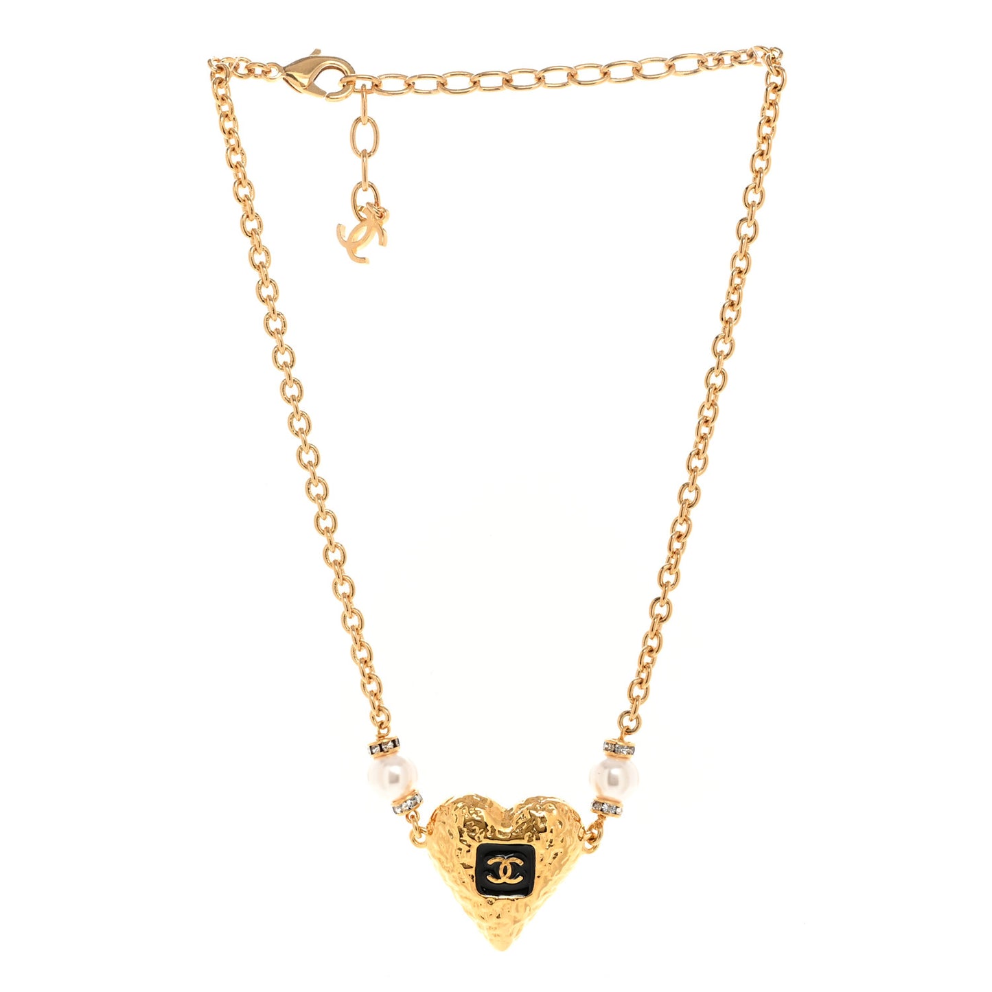 Resin Crystal Pearl Chain Heart CC Pendant Choker Necklace Black White Gold
