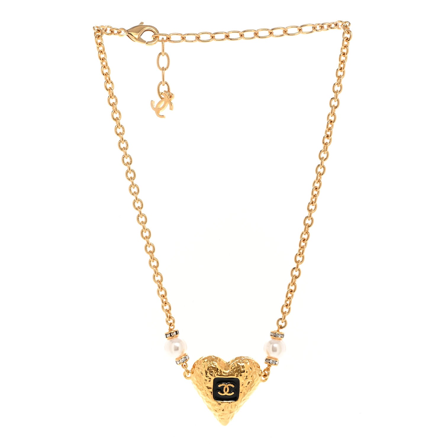 Chanel Resin Crystal Pearl Chain Heart CC Pendant Choker Necklace Black White Gold 3 of 6