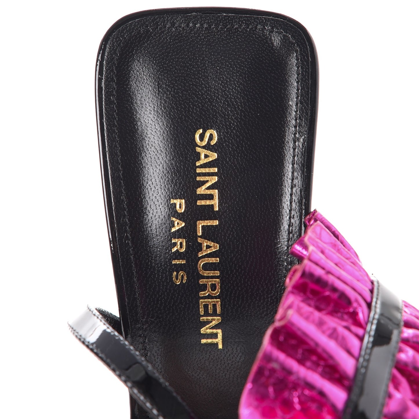Patent Calfskin Ayers Edie 110 Leaf Slingback Pumps 37.5 Black Fuschia