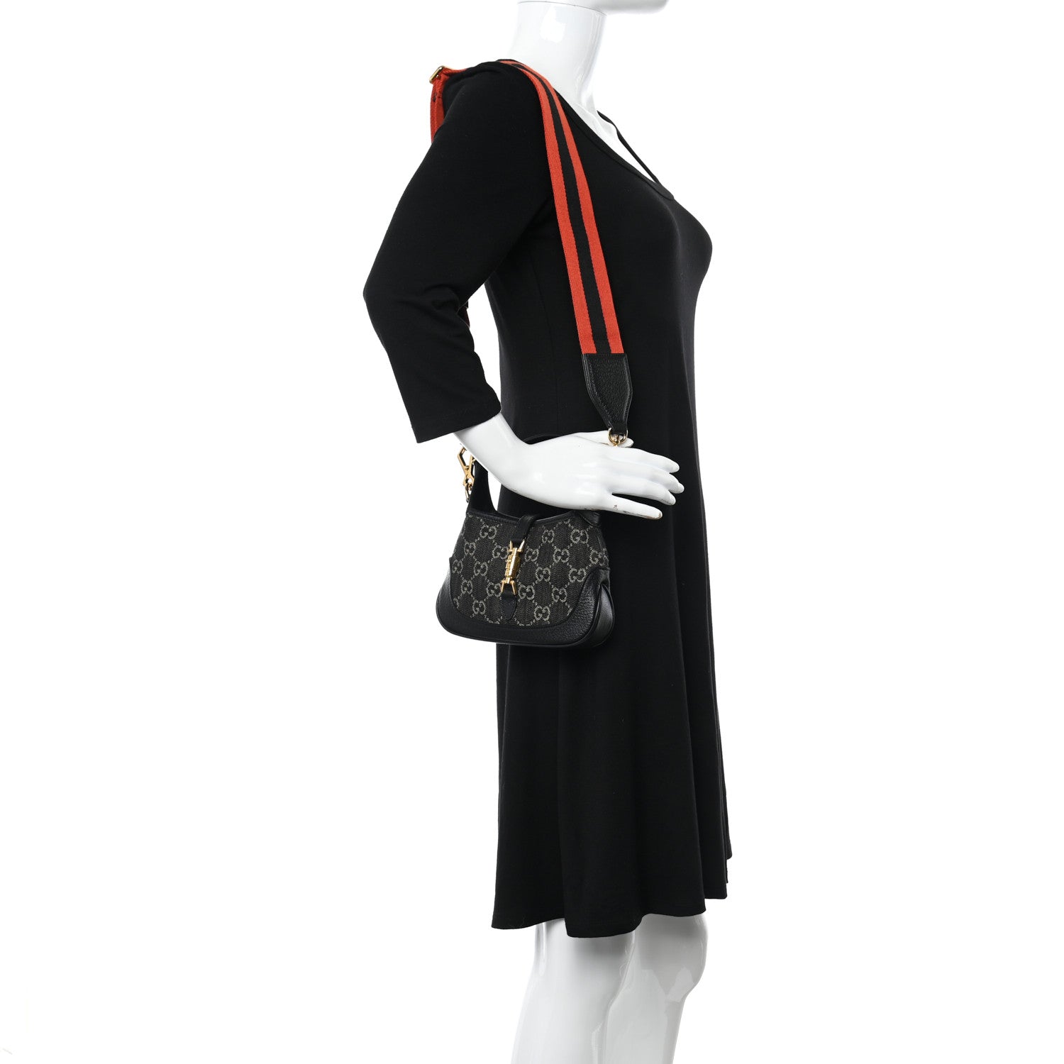 Gucci Jacquard Black Denim GG Monogram Textured Dollar Calfskin Mini Jackie 1961 Hobo Black Ivory 2 of 11