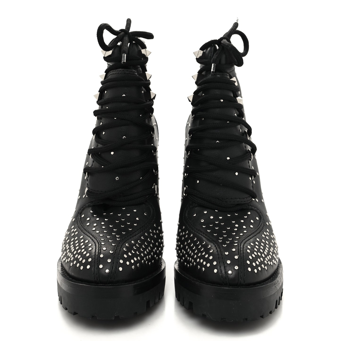 Calfskin Studded Lace-Up Ankle Boots 38.5 Black