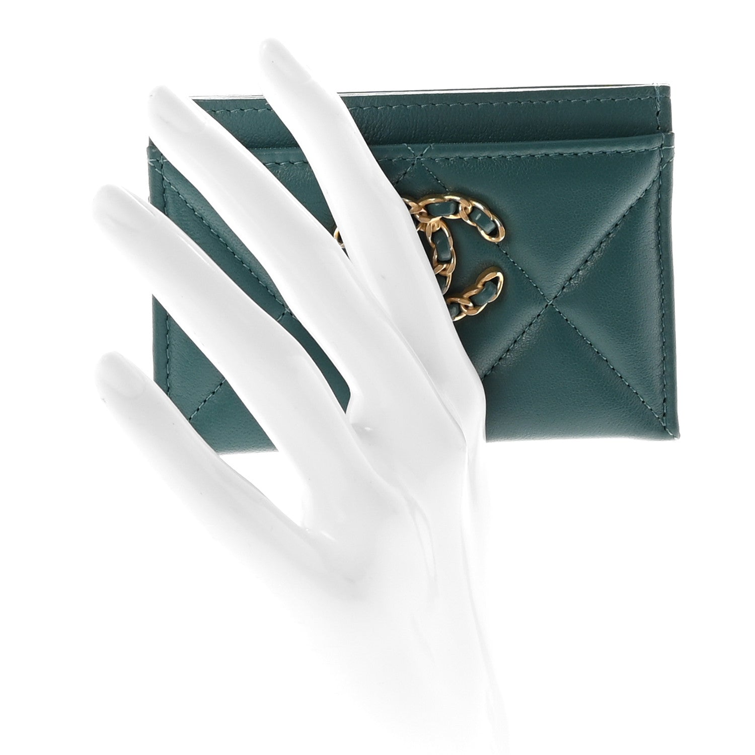 Chanel Lambskin Quilted Chanel 19 Card Holder Dark Green 2 of 9