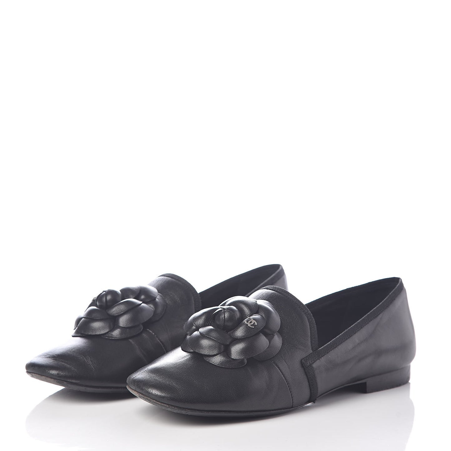 Lambskin Camellia Moccasin Flats 36.5 Black