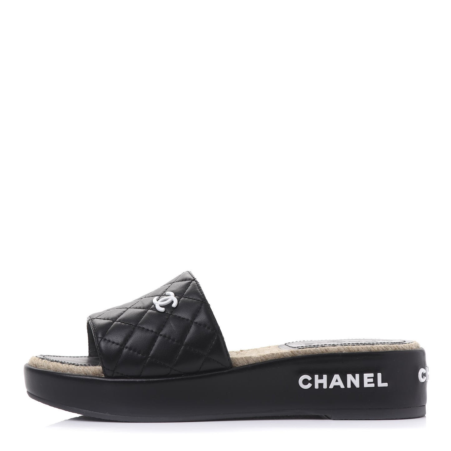 Lambskin Quilted CC Espadrille Slip On Sandals 38 Black