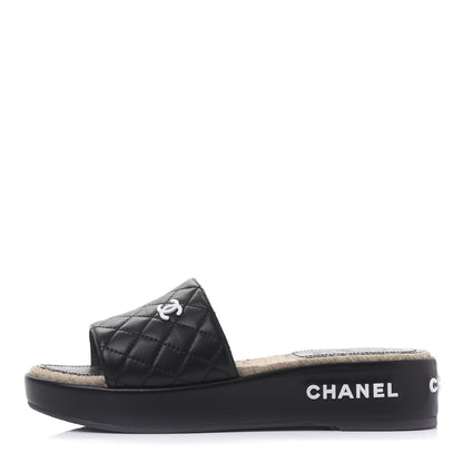 Chanel Lambskin Quilted CC Espadrille Slip On Sandals 38 Black 1 of 10