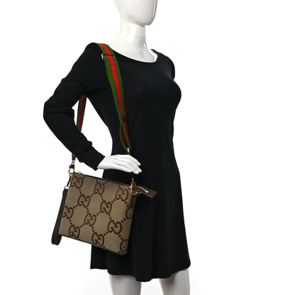 Gucci Monogram Jumbo GG Textured Dollar Calfskin Web Wristlet Messenger Bag Camel Ebony New Acero 3 of 8