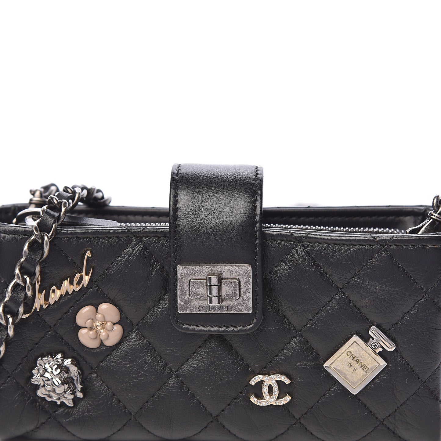 Aged Calfskin Quilted Lucky Charms Mini Phone Holder Clutch Black