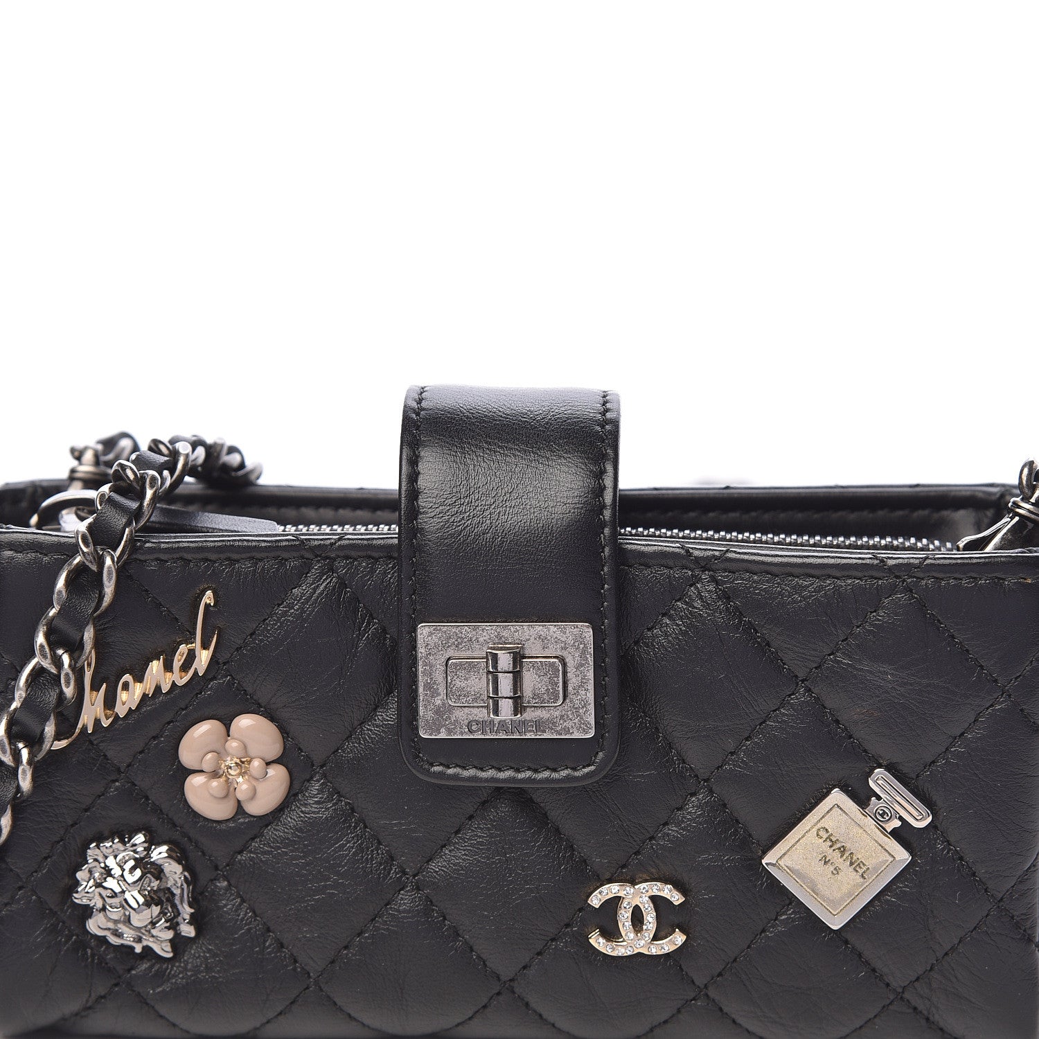 Chanel Aged Calfskin Quilted Lucky Charms Mini Phone Holder Clutch Black 11 of 11